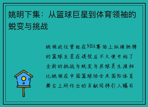 姚明下集：从篮球巨星到体育领袖的蜕变与挑战