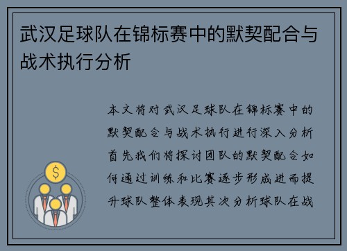 武汉足球队在锦标赛中的默契配合与战术执行分析